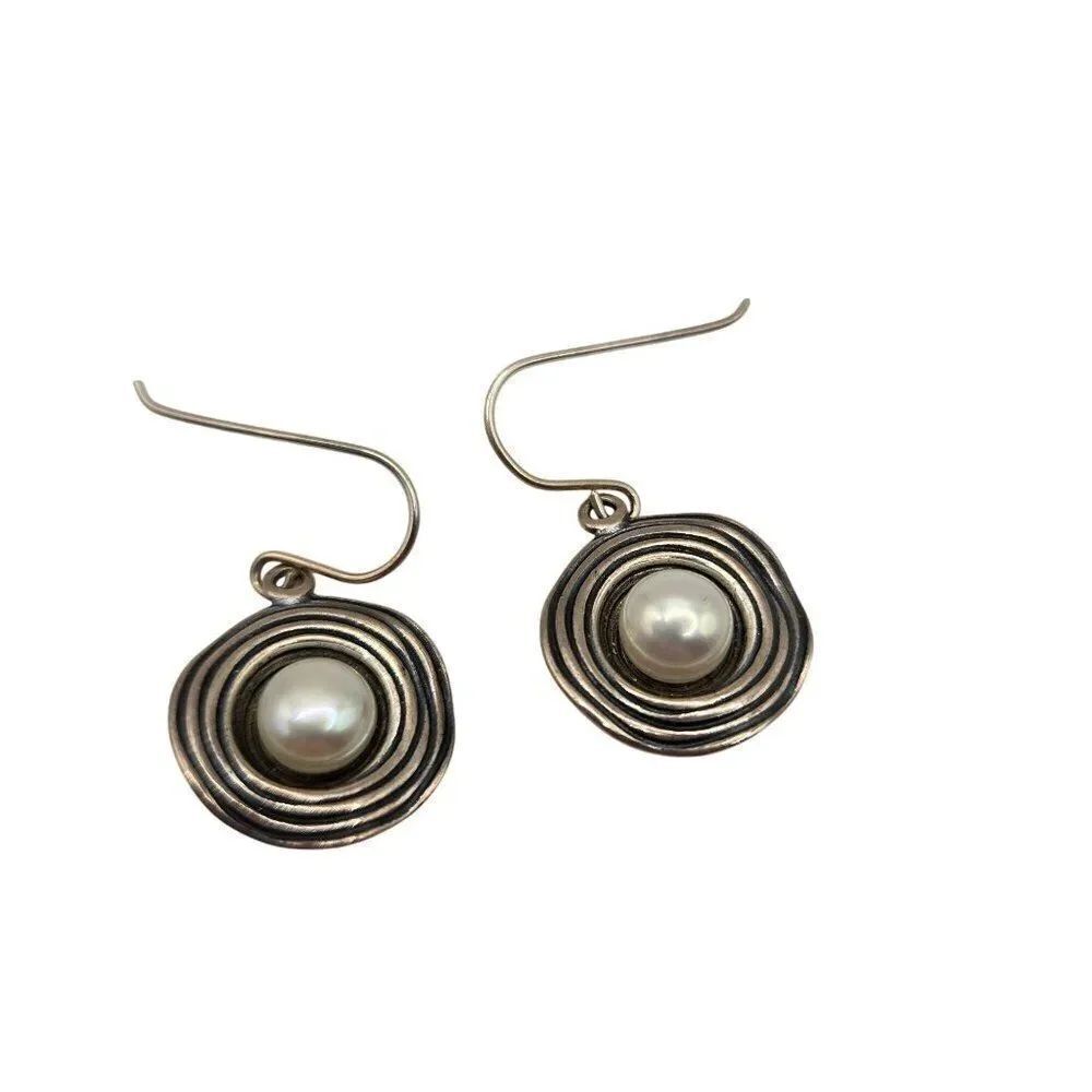 Vintage 90s 925 Sterling Silver Genuine Pearl Swirl Earrings Israel